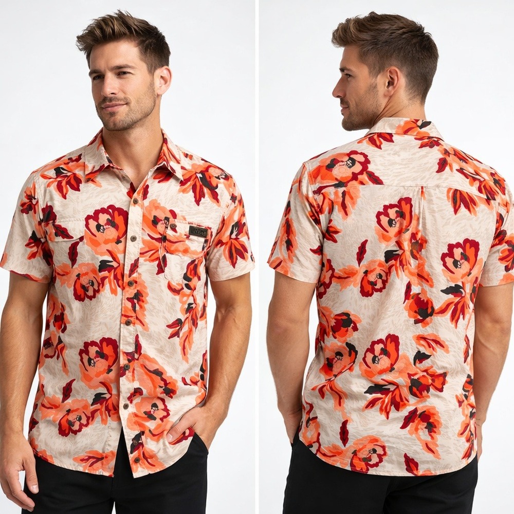 Volcom Floral‎ Hawaiian Button Up Shirt Mens S Cream Orange Camp Shirt